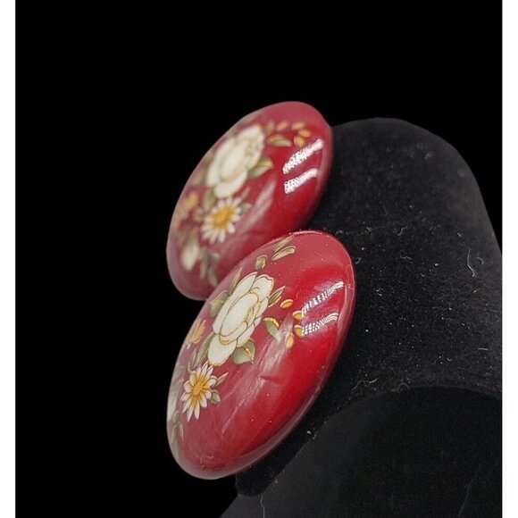 Cherry Red Enamel Clip On Earrings Hand Painted Vintage Floral Design - Picture 6 of 10